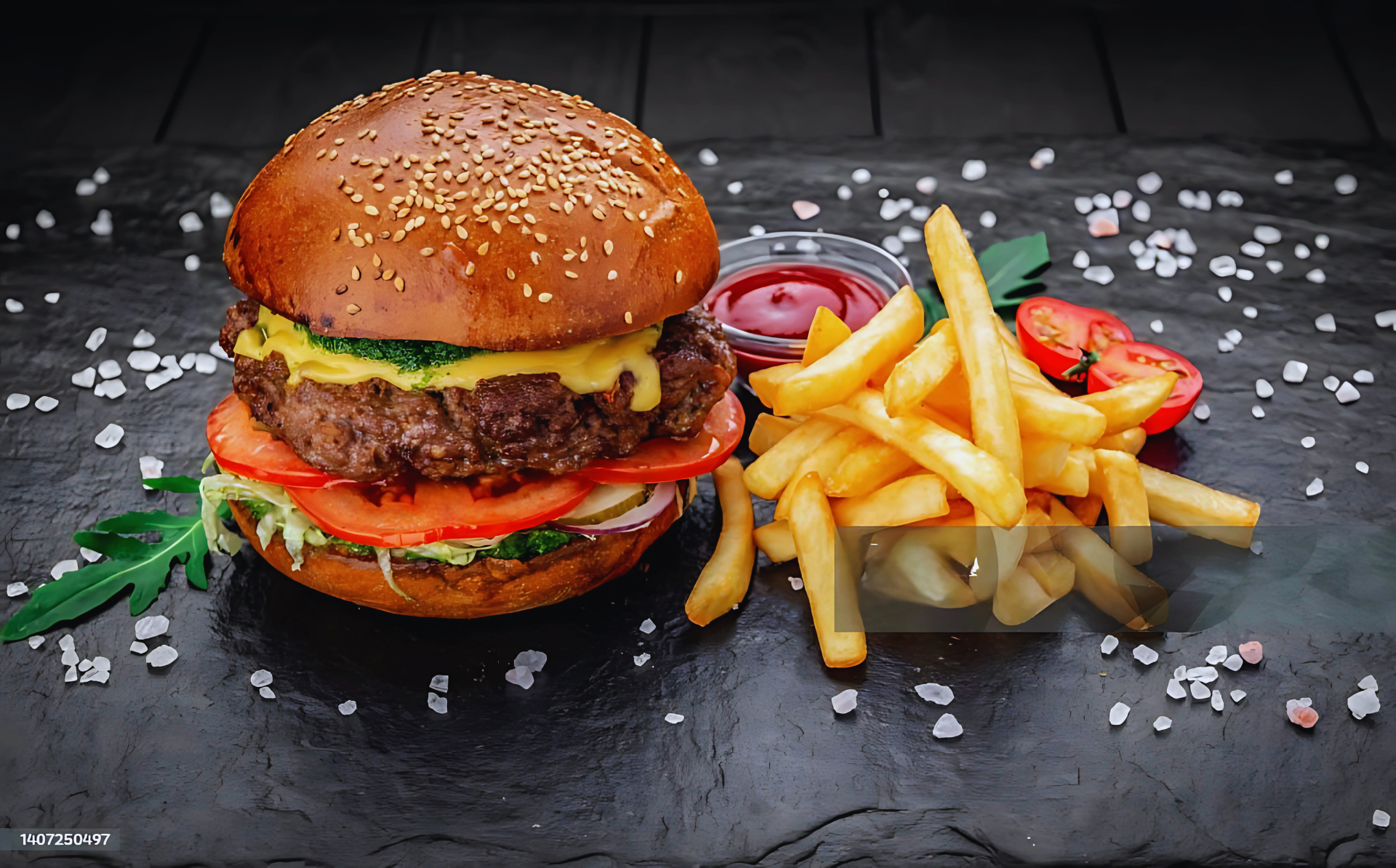 A delicious gourmet burger with fries